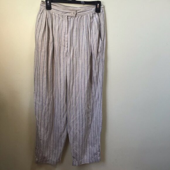 Dior Vintage 80s Linen Striped Loose Fit High Waist Pants Straight Leg Neutral - Picture 2 of 16